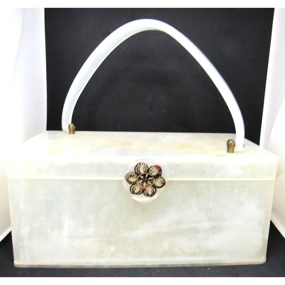 Vintage pearlized lucite purse box filigree clasp 1950 mirrored interior Wilardy